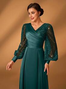 Serin Women's Teal Winter Formal Elegant Bridesmaid Evening Formal Sequins & Satin Patchwork Lantern Sleeve Wrap V Neck Ruched A-Line Hem Dress For Wedding - Dark Green - View 5