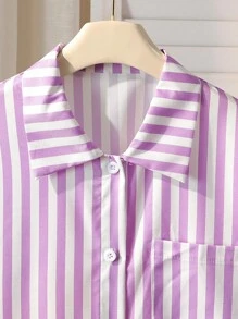 Blus Bergaris untuk Remaja Perempuan + Motif Grafiti Hati Serbaguna + Kemeja Kasual Gaya Jalanan yang Keren dan Manis, Musim Panas - Purple - View 6