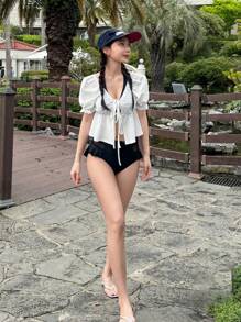 DAZY Women's Hollow-Out Lace-Up Beach Cover-Up, Spring/Summer Vacation - White - View 3