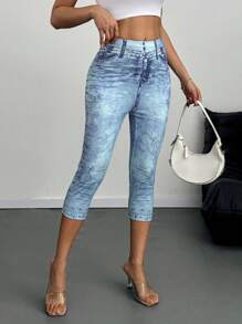 EMERY ROSE Women's Denim Effect Print Casual Fashionable 7/8 Length Leggings