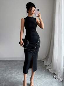 Elenzga 女士优雅腰部修身无袖长开衩连衣裙，夏季 - 黑色 - 查看 1