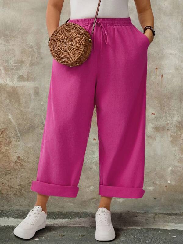 SHEIN LUNE Plus Size Women Casual All Cotton Elastic Waist Loose Fit Wide Leg Long Pants For Summer