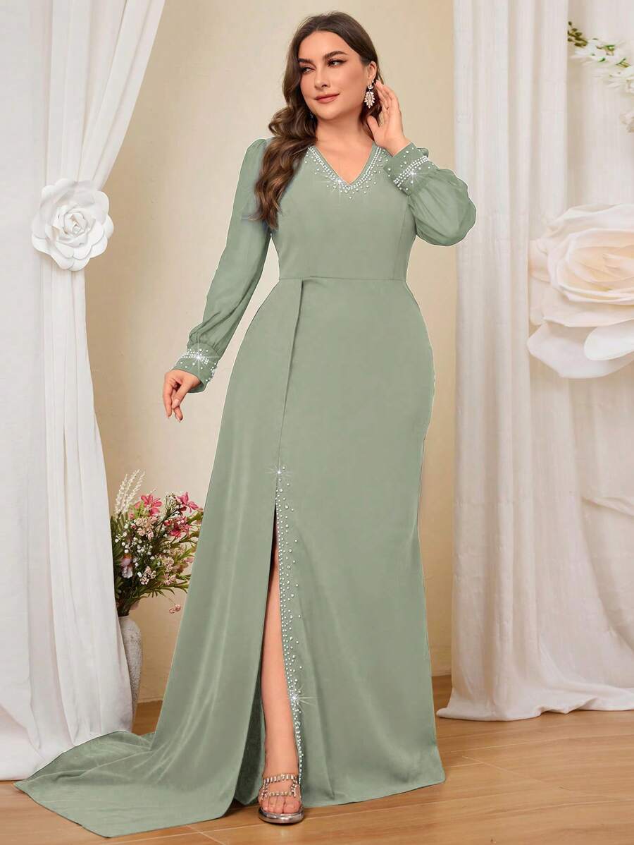 Coutiva Đầm bó sát đính hạt và vải chắp vá màu xanh lam thanh lịch cỡ lớn - Màu xanh Bạc hà - Xem 1