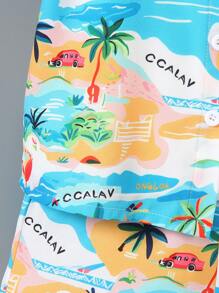 3pcs/Set Young Boy Casual Resort Style Polo Collar Digital Printed Comfortable Fabric Short Sleeve Buttoned Top Paired With Elastic Waist Shorts + Bucket Hat. Comfortable & Fashionable, Suitable For Summer Wear, Showcase Boy's Personalized Charm, Fit For 4-7 Years Old Kids On Vacation, Beach, Outdoor Activities - Blue - View 8