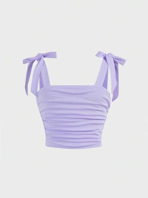 SHEIN Top elegant, solid, cu croială dulce, cu fundă, nod la umeri, cu pliuri laterale, pentru fete preadolescente