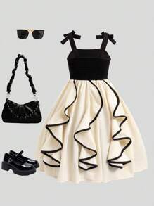 Tween Girl Elegant Color Block Ruffle Hem Cami Dress - White - View 7