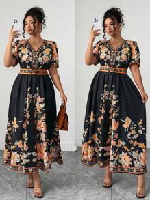 SHEIN Tall 大码女式时尚百搭泰国马尔代夫旅游海滩度假波西米亚印花收腰V领荷叶边连衣裙，适合春夏季，高码 - 彩色 - 查看 1