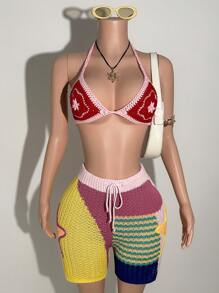 Slaydiva Pantalon court à jambes larges en laine contrastée avec décoration d'étoiles vintage, pour une tenue d'été 2025 casual, de rue et de rendez-vous. Pantalon femme