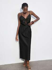 Maija Váy hai dây hở lưng họa tiết hoa thanh lịch, đầm duyên dáng thường ngày, phù hợp cho tiệc sáng muộn, khách dự tiệc cưới, mùa hè - màu đen - Xem 2