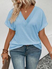 SHEIN EMERY ROSE CURVE Camiseta versátil de manga corta con cuello en V y dobladillo curvo, de talla grande, para todo uso, para mujer - Celeste - Ver 4