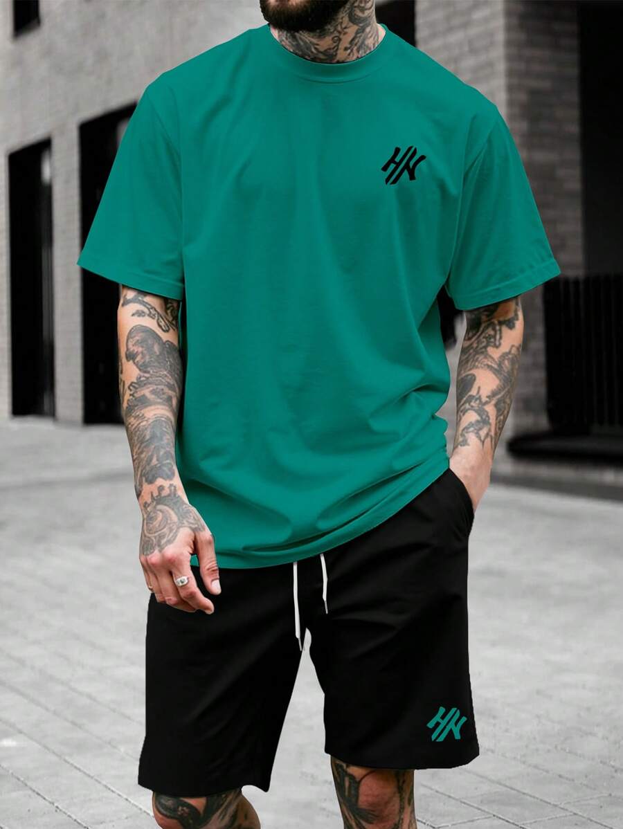 Manfinity Homme 男士夏季休闲字母刺绣短袖T恤和短裤套装街头潮流男士服装男士服装户外服装丈夫和男朋友送给朋友的礼物街头潮流、旅行、日常穿着 - 彩色 - 查看 1