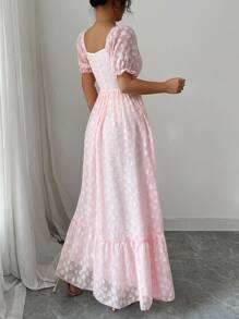 Modelyn Váy mùa hè ngọt ngào thanh lịch bằng vải jacquard tay bồng cho nữ, viền loe - Hồng - Xem 2