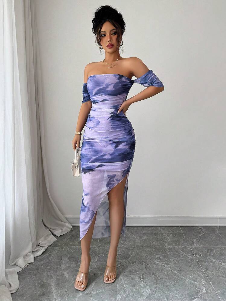 Elenzga Women's Elegant Off Shoulder Tie-Dye Slit Fitted Dress, Autumn Maxi Women Outfit - Mauve Purple - View 3