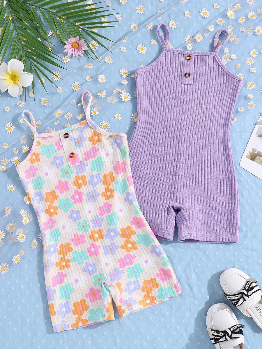 2pcs/Set Young Girls Floral Print Colorful Jumpsuit, Comfortable Home Outfit, Cute Design - Multicolor - View 1