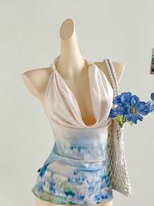 Soleia Bohemian  ,Boho, Romantic Floral ,Vacation, Floral  4th Of July Clothes  Tops De Mujer Vacation Tops Beaded Top Peplum Top  Party Tops  Cami Top Camisole Top  4th Of July Women  Crop Sexy Tops For Women Green French Neck Swing Camisole Top, Vacation Style Sexy Design