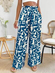 SHEIN PETITE Women's Vacation Plant Print Ruffle Waist Wide Leg Loose Pants Fall Cloth For Women - Multicolor - View 3