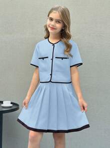 SHEIN Nova Glow Tween Girls Woven Colorblock Short Sleeve Shirt And Pleated Skirt Elegant 2-Piece Set - Baby Blue - View 5
