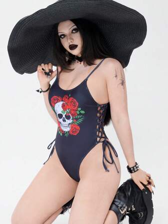 Goth Traje de baño de una pieza con ajuste de tirantes y estampado de calavera con rosa gótica