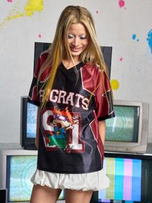 Nick 90's X ROMWE T-shirt oversize estiva con stampa retrò di lettere e cartoni americani