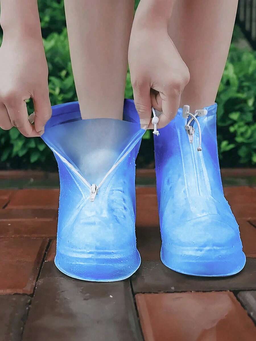 SHEIN 1 双白色透明塑料抽绳防水雨鞋套,多种尺寸,防滑、防水、防尘可重复使用鞋套,户外配件,适用于学校、办公室、家庭、旅行、鞋子收纳 - 藍色 - 查看 1