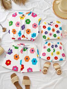 Babygirl 可爱彩色花卉印花短袖上衣和松紧腰短裤套装，夏季 - 彩色 - 查看 8