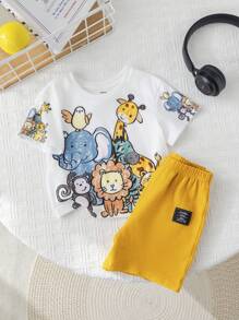 SHEIN Bộ 2 món/Bộ áo thun tay ngắn in hình động vật hoạt hình dễ thương cho bé trai/bé gái & quần short cạp chun, mùa hè - Nhiều màu - Xem 5
