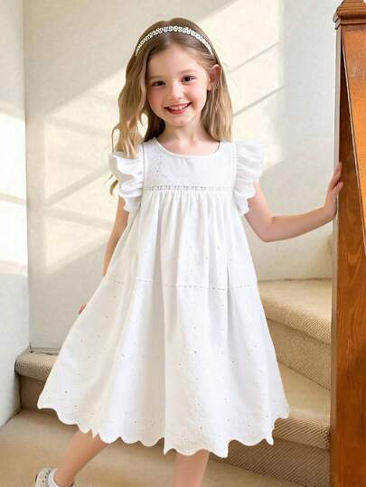 Elladie kids Vestido de princesa de algodón casual con cuello redondo, manga de volante, bordado hueco, adecuado para fiesta de vacaciones, viaje, regalo de cumpleaños, verano