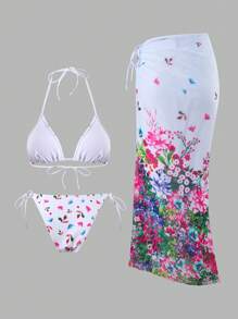 SHEIN Women 3 Pieces Ditsy Floral Bikini Set - Tie Halter Top, Thong Bottoms, And Floral Skirt, Casual, Vacation, Beachwear, Sweet Style, Spring/Summer - Multicolor - View 2