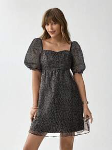 Wildy Vestido corto romántico de malla transparente con mangas abullonadas, estampado de leopardo, estilo casual, americano, occidental, para resort de verano