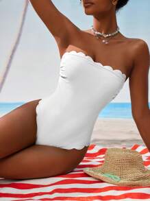 Swim Mod 1pc Solid Color Vacation Arc-Edged Bandeau One-Piece Swimsuit For Women For Summer - White - View 6