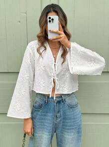 SHEIN Clasi 女士纯色立体刺绣前系带休闲夏季衬衫 - 白色 - 查看 5