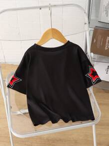 SHEIN 男童夏季休闲星星和数字印花平纹针织T恤 - 黑色 - 查看 2