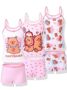 3 件套女孩少女可爱水豚心形印花蝴蝶结装饰甜美优雅水豚粉色系列吊带背心和内裤套装 - 彩色 - 查看 4