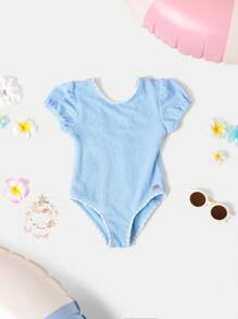 SUMWON Swimming Leotard With Puff Sleeves Retro Style High Coverage Swimsuit Textured Fabric Competition Dancewear Beach Training Practice - Dusty Blue - View 1