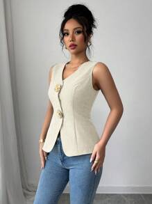 Gloray Chaleco de mujer con cuello en V, ajustado, decorado con botones dorados en forma de rosa