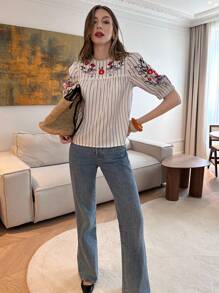 Pariaura Women's Spring/Summer French Striped Embroidered Puff Sleeve Blouse, Loose Embroidery Decor, Versatile Casual Commuter Short Shirt - Apricot - View 5