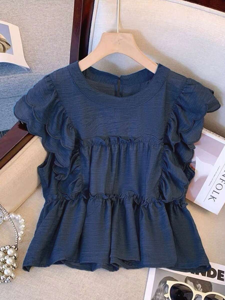 SHEIN LUNE Ruffle Butterfly Sleeve Shirts For Women, Loose Fit Chiffon Sleeveless Blouse, French Romantic Style, Summer Cute Tops Crop Top Summer Top,Casual - Blue - View 1