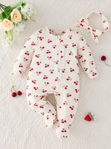 SHEIN 2 件 Dozemod 儿童新生女婴套装：简约樱桃图案圆领长袖带脚拉链连体衣和头带 - 紅白色 - 查看 1