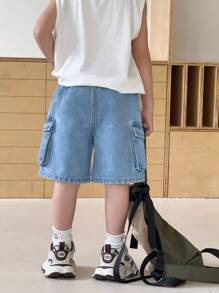 SHEIN 男童新款时尚休闲宽松蓝色牛仔工装短裤儿童春夏装日常服装 - 淺色水洗藍 - 查看 2