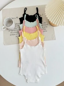 SHEIN LMoss Kids Bộ 6 món/Bộ đồ liền thân dệt kim màu trơn có dây đeo cho bé gái sơ sinh mùa hè - Nhiều màu - Xem 5