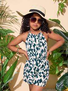 SHEIN SLAYR Tween Girl 女童雪纺碎花无袖连体裤，度假风格，时尚法式优雅 - 綠色 - 查看 6