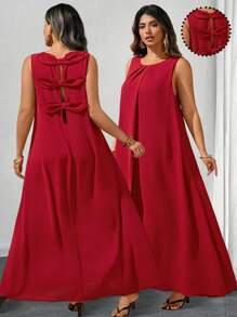 Sunserae 加大码圆领无袖后背蝴蝶结装饰休闲优雅连衣裙，适合外出和聚会 - 酒紅色 - 查看 9