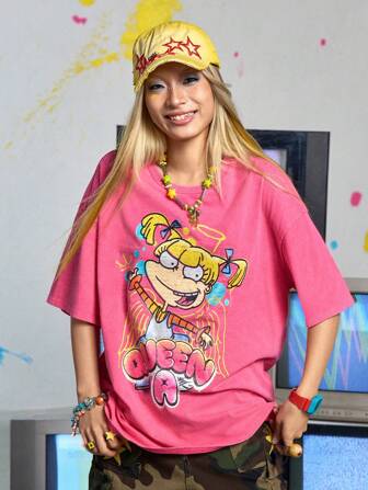 Nick 90's X ROMWE T-shirt a maniche corte con grafica divertente, lavaggio acido e effetto consumato in rosa