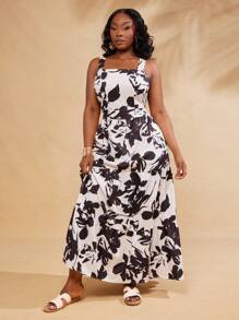 SHEIN SXY Plus Size Women Floral Print Ruffle Hem Spaghetti Strap Summer Vacation Dress,Suitable For Early Spring, Spring And Summer, Rainforest, Beach Party, Seaside Vacation, Bonfire Party, Cool And Light, Slim Fit, Comfortable To Wear,Easy To Match&Looks Slim,Accent Your Body,Flatter The Figure