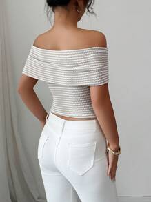 Elenzga Women's Striped Slim Fit Ruched Waist Off Shoulder T-Shirt - Apricot - View 2