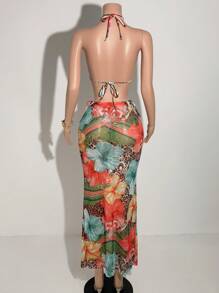 Slaydiva 2025 Spring/Summer New Romantic Beach Party Personalized Dopamine Colorful Leopard Floral Print Sheer Mesh Bralette & Fish Tail Skirt Bikini Swimwear Set, Western Wear Women - Multicolor - View 2