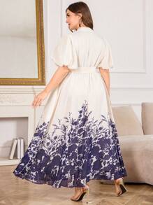 Modelyn Plus Size Women Elegant Printed Waist-Cinched Flare Dress