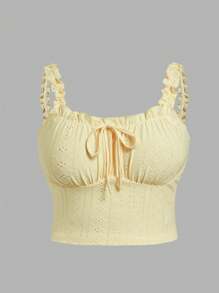 SHEIN EZwear Plus Size Romantic Yellow Semi-Sheer Ruffled Hem Backless Camisole, Fashion & Versatile, Spring/Summer Vintage - Yellow - View 1