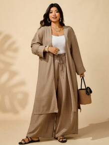 Sunserae 大码女式两件套休闲长袖宽松开衫和阔腿裤，适合所有季节 - 卡其色 - 查看 5