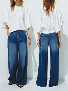 Lumivelle Women's Casual Washed Low Waist Wide Leg Jeans - Medium Wash - View 1